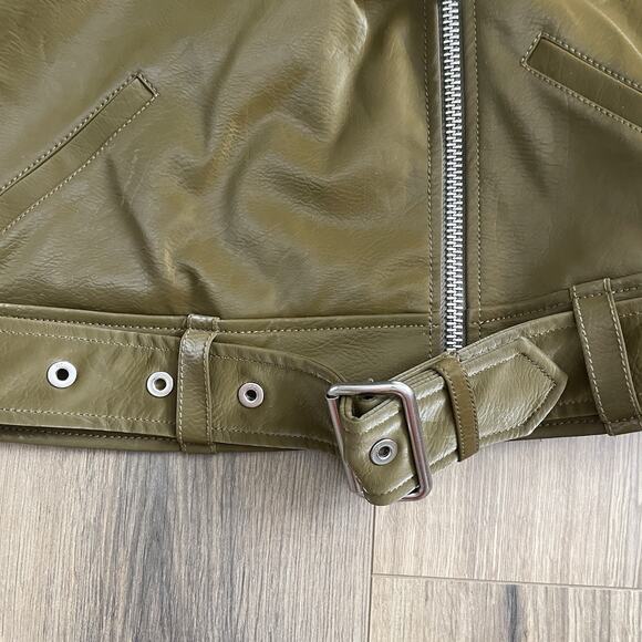 Cinq a Sept Palo Faux Leather Biker Moto Jacket Size Small Olive Green Cropped - Picture 7 of 12